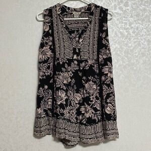 Lola P Floral Paisley Sleeveless Babydoll Tunic Rayon Boho Black Tan Crochet M
